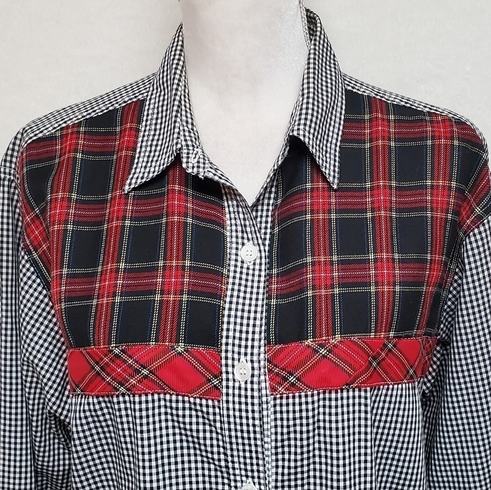 VINTAGE 90s Karen Kane Red Tartan Plaid Black Plaid Colorblock Button Up Blouse - Picture 5 of 13